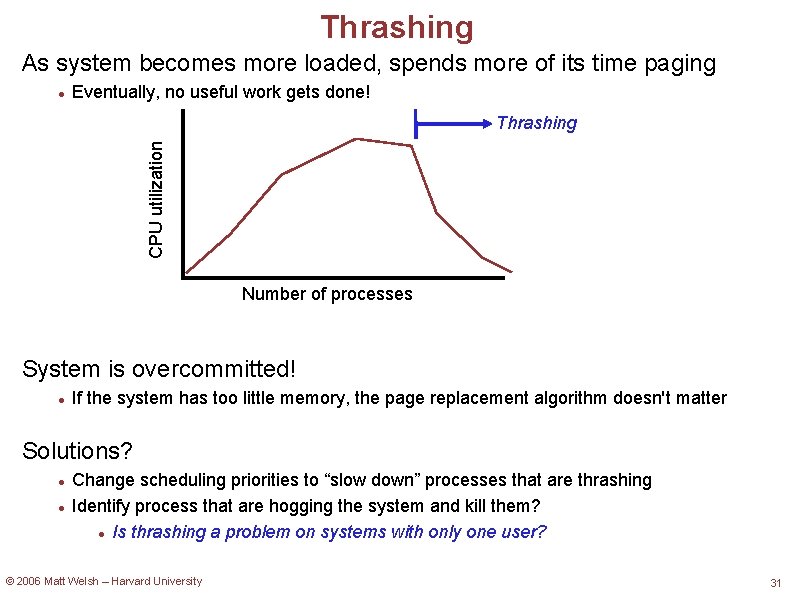 Thrashing As system becomes more loaded, spends more of its time paging Eventually, no