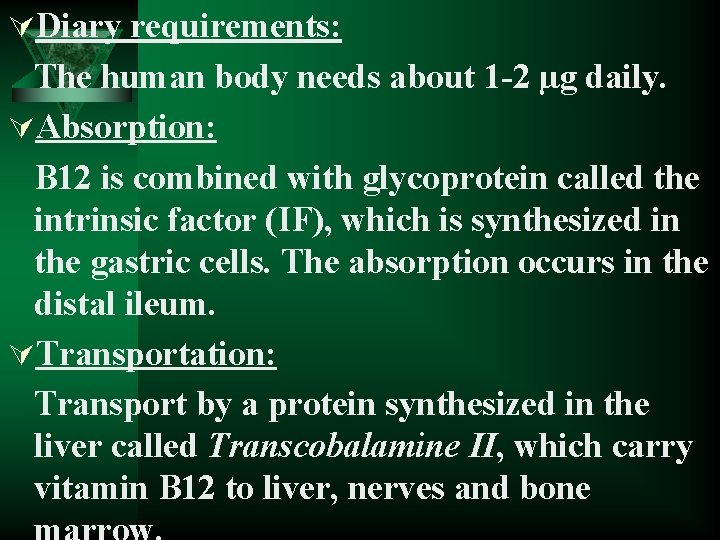 ÚDiary requirements: The human body needs about 1 -2 µg daily. ÚAbsorption: B 12