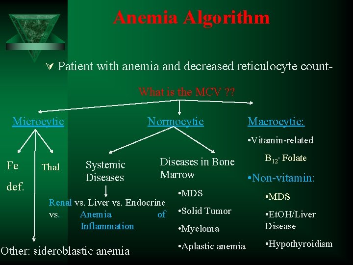 Anemia Algorithm Ú Patient with anemia and decreased reticulocyte count- What is the MCV