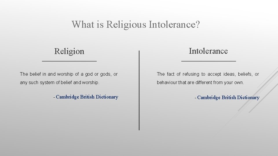 What is Religious Intolerance? Religion Intolerance The belief in and worship of a god