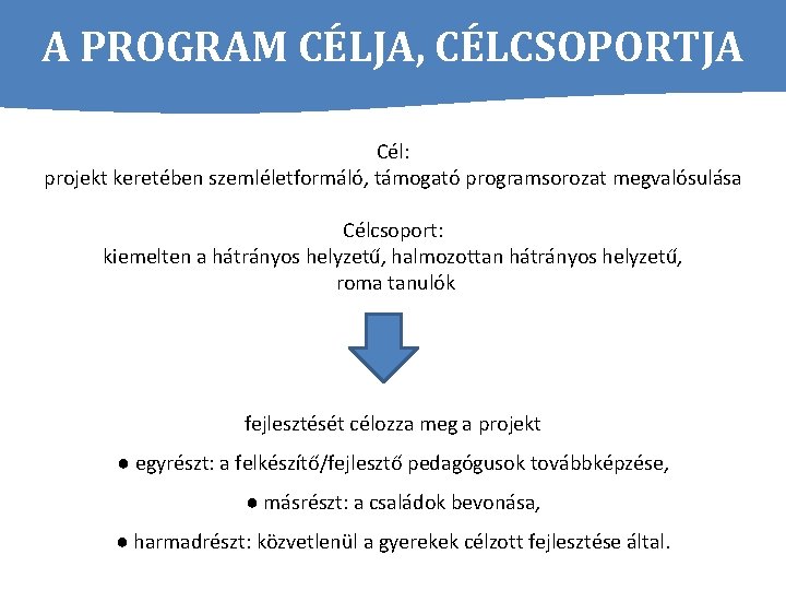 A PROGRAM CÉLJA, CÉLCSOPORTJA Cél: projekt keretében szemléletformáló, támogató programsorozat megvalósulása Célcsoport: kiemelten a