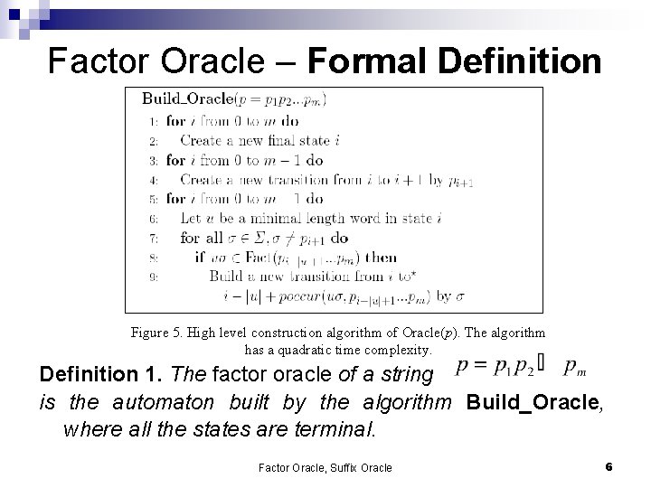 Factor Oracle – Formal Definition Figure 5. High level construction algorithm of Oracle(p). The