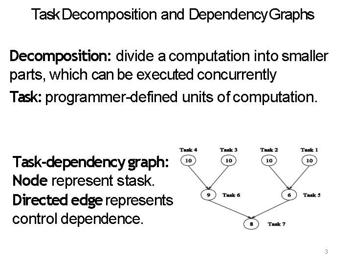 Task Decomposition and Dependency Graphs Decomposition: divide a computation into smaller parts, which can