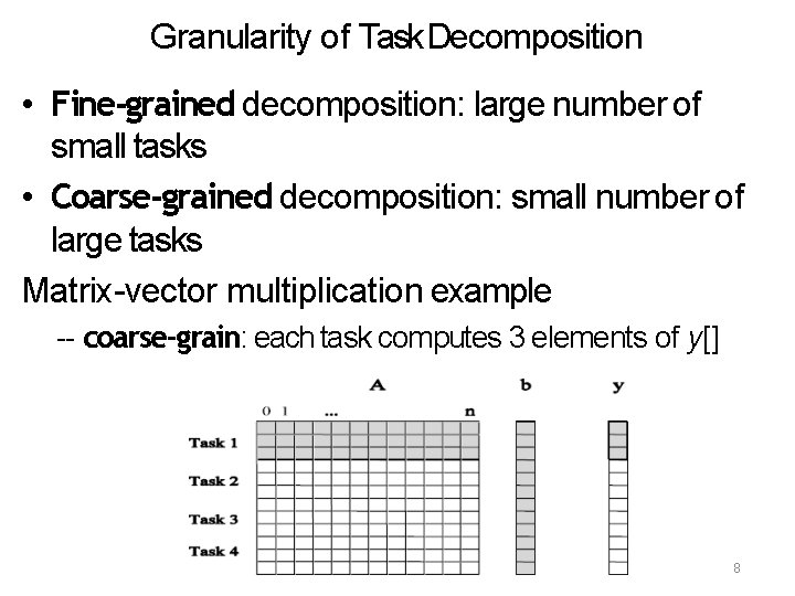 Granularity of Task Decomposition • Fine-grained decomposition: large number of small tasks • Coarse-grained