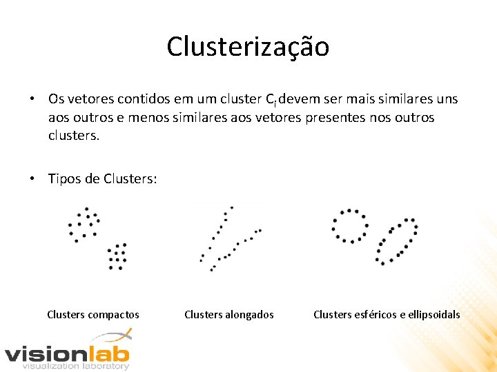 Clusterização • Os vetores contidos em um cluster Ci devem ser mais similares uns