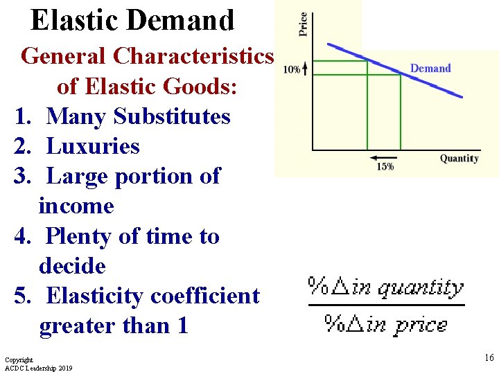 Elastic Demand General Characteristics of Elastic Goods: 1. Many Substitutes 2. Luxuries 3. Large