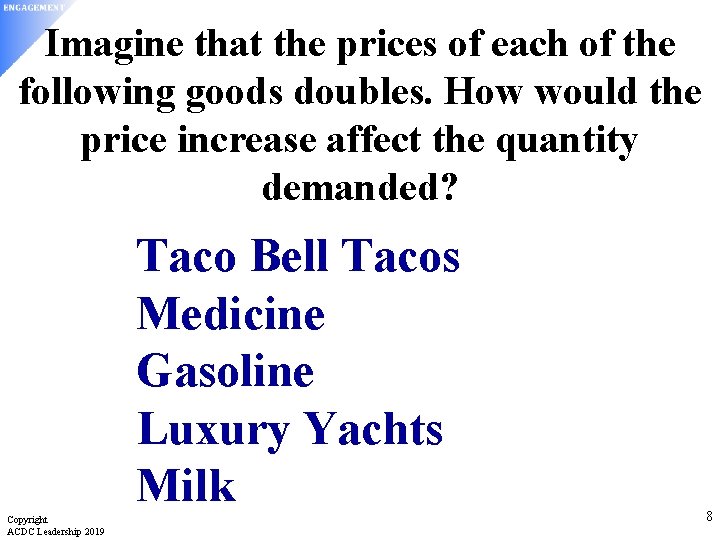 Imagine that the prices of each of the following goods doubles. How would the
