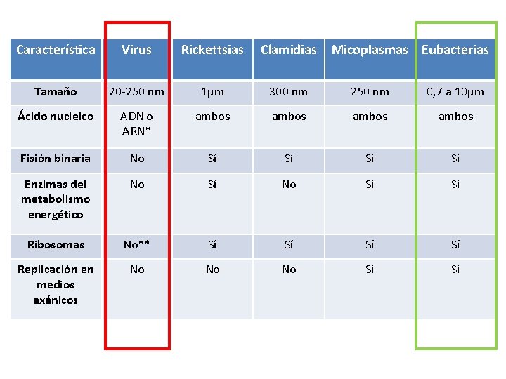 Característica Virus Rickettsias Clamidias Micoplasmas Eubacterias Tamaño 20 -250 nm 1µm 300 nm 250