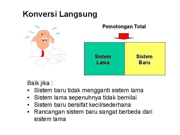 Konversi Langsung Pemotongan Total Sistem Lama Sistem Baru Baik jika : • Sistem baru