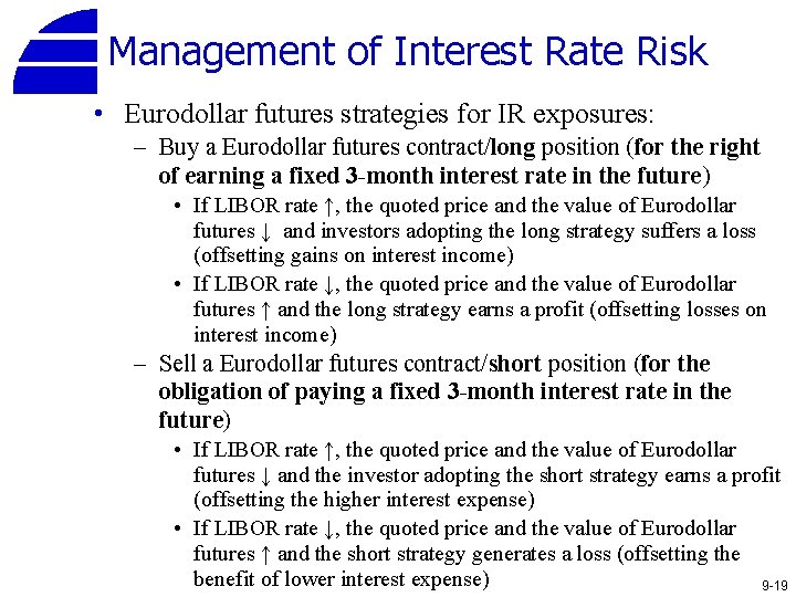 Management of Interest Rate Risk • Eurodollar futures strategies for IR exposures: – Buy