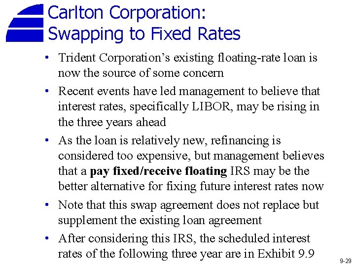 Carlton Corporation: Swapping to Fixed Rates • Trident Corporation’s existing floating-rate loan is now