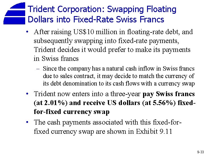 Trident Corporation: Swapping Floating Dollars into Fixed-Rate Swiss Francs • After raising US$10 million