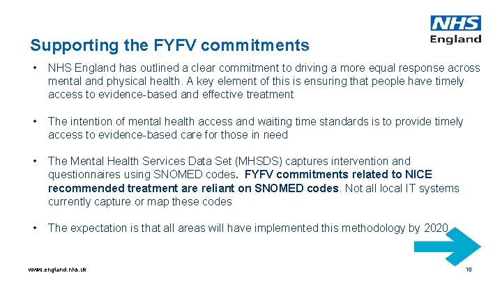 Supporting the FYFV commitments • NHS England has outlined a clear commitment to driving