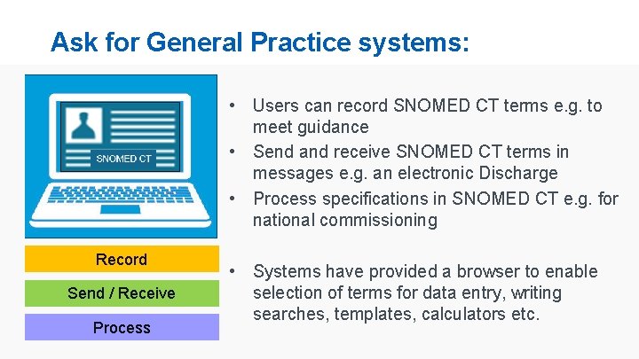 Ask for General Practice systems: • Users can record SNOMED CT terms e. g.