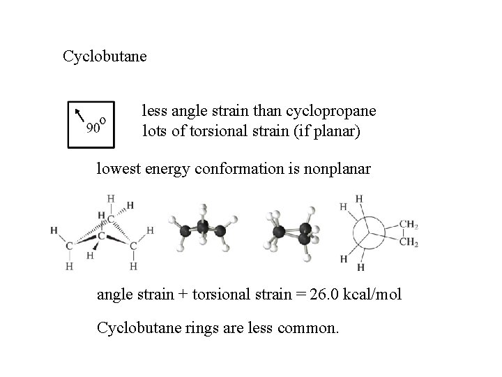 Cyclobutane less angle strain than cyclopropane lots of torsional strain (if planar) lowest energy