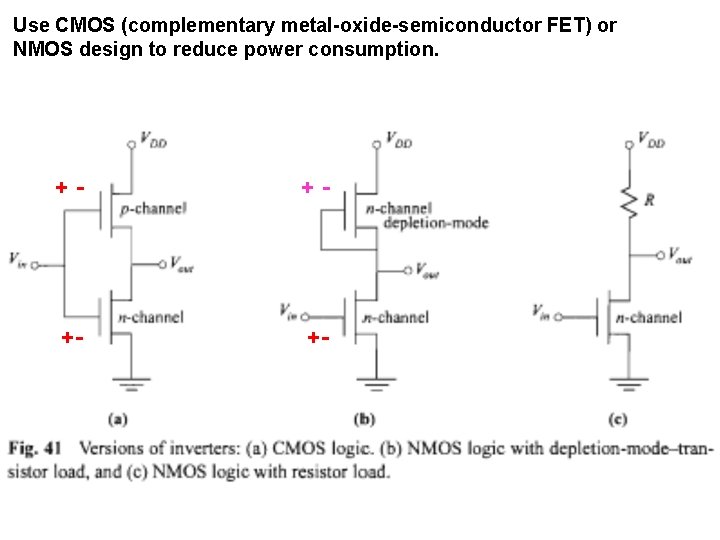 Use CMOS (complementary metal-oxide-semiconductor FET) or NMOS design to reduce power consumption. +- +-