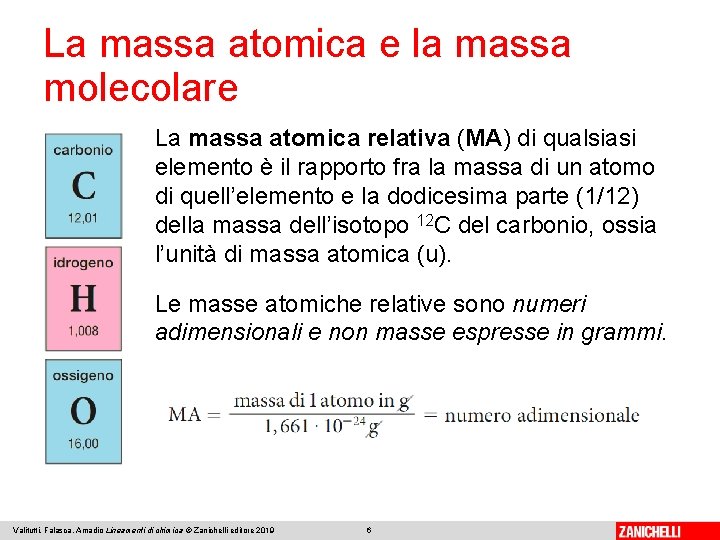 La massa atomica e la massa molecolare La massa atomica relativa (MA) di qualsiasi