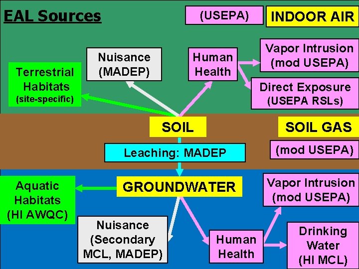 EAL Sources Terrestrial Habitats (USEPA) Nuisance (MADEP) Human Health Vapor Intrusion (mod USEPA) Direct