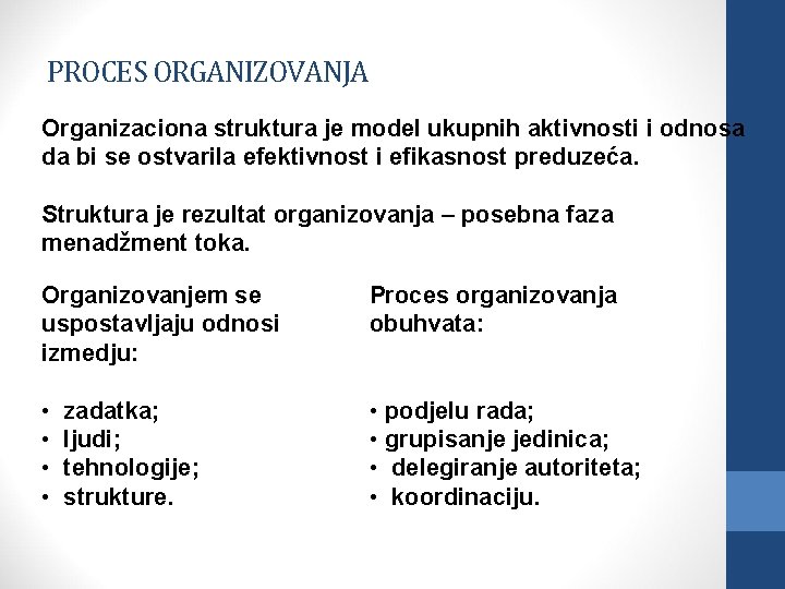 PROCES ORGANIZOVANJA Organizaciona struktura je model ukupnih aktivnosti i odnosa da bi se ostvarila