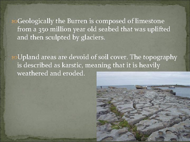  Geologically the Burren is composed of limestone from a 350 million year old