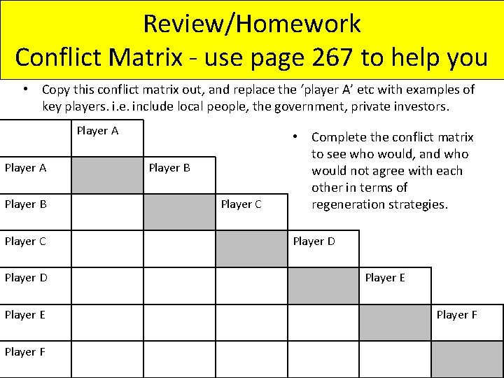 Review/Homework Conflict Matrix - use page 267 to help you • Copy this conflict