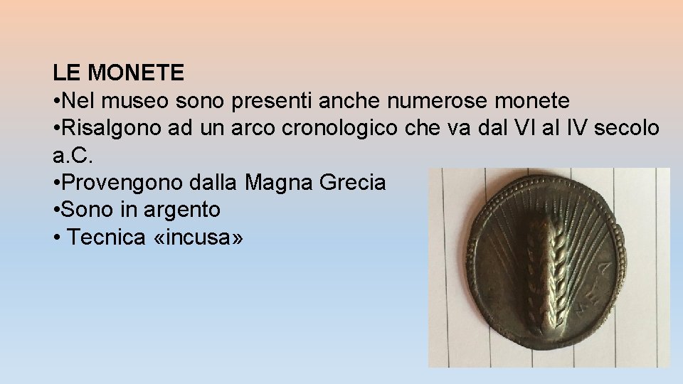 LE MONETE • Nel museo sono presenti anche numerose monete • Risalgono ad un