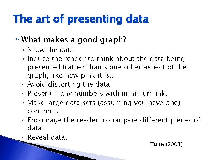 The art of presenting data What makes a good graph? ◦ Show the data.