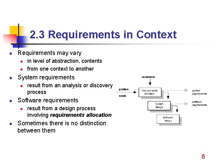 2. 3 Requirements in Context n Requirements may vary n n n System requirements