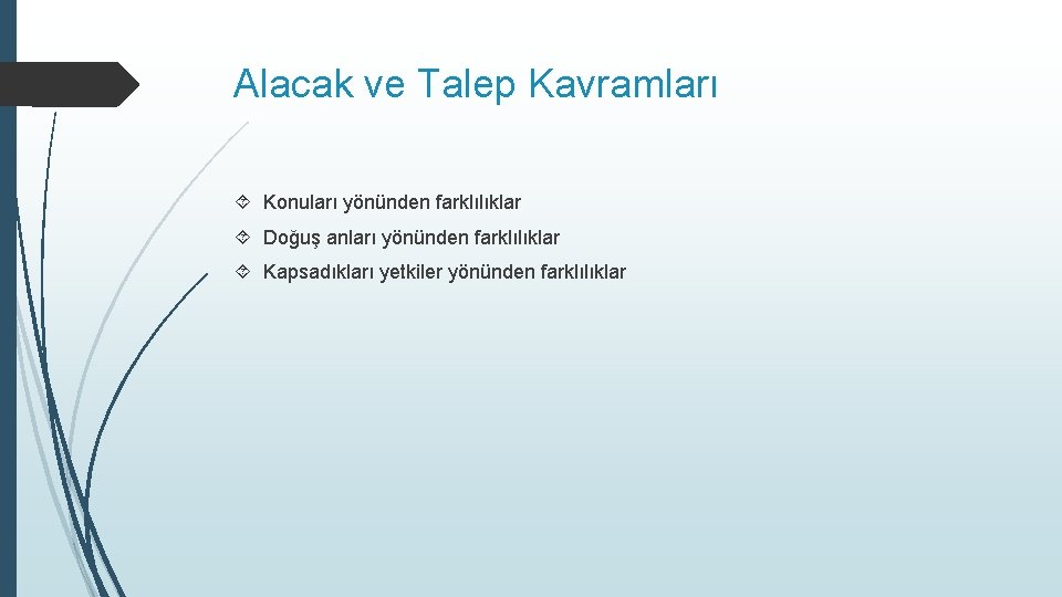 Alacak ve Talep Kavramları Konuları yönünden farklılıklar Doğuş anları yönünden farklılıklar Kapsadıkları yetkiler yönünden