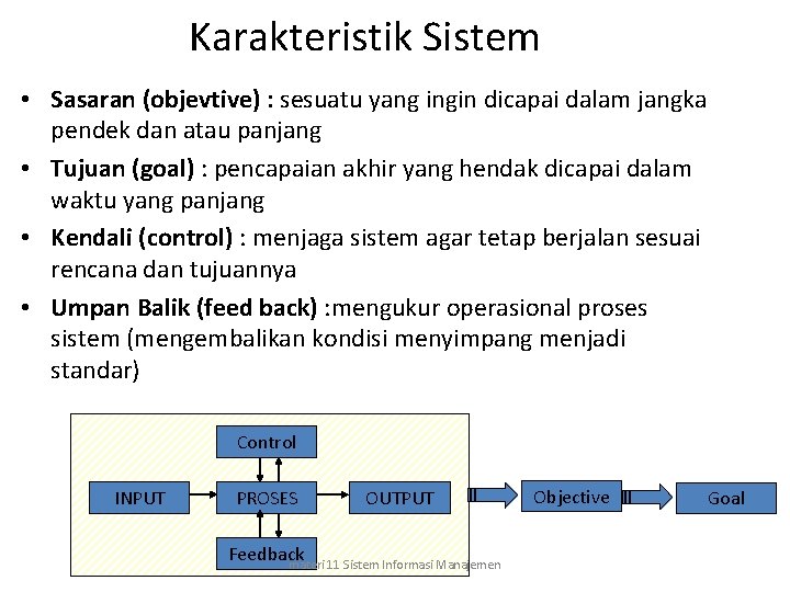 Karakteristik Sistem • Sasaran (objevtive) : sesuatu yang ingin dicapai dalam jangka pendek dan