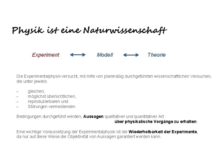 Physik ist eine Naturwissenschaft Experiment Modell Theorie Die Experimentalphysik versucht, mit Hilfe von planmäßig