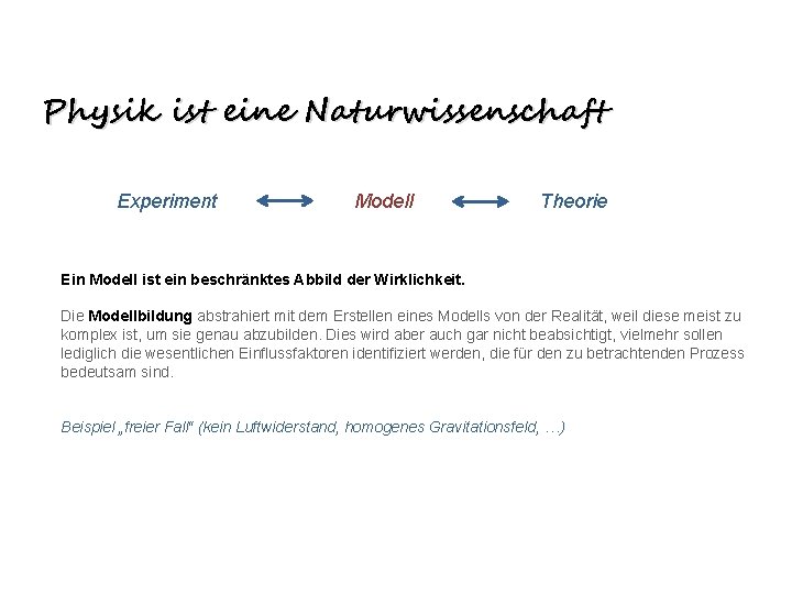 Physik ist eine Naturwissenschaft Experiment Modell Theorie Ein Modell ist ein beschränktes Abbild der