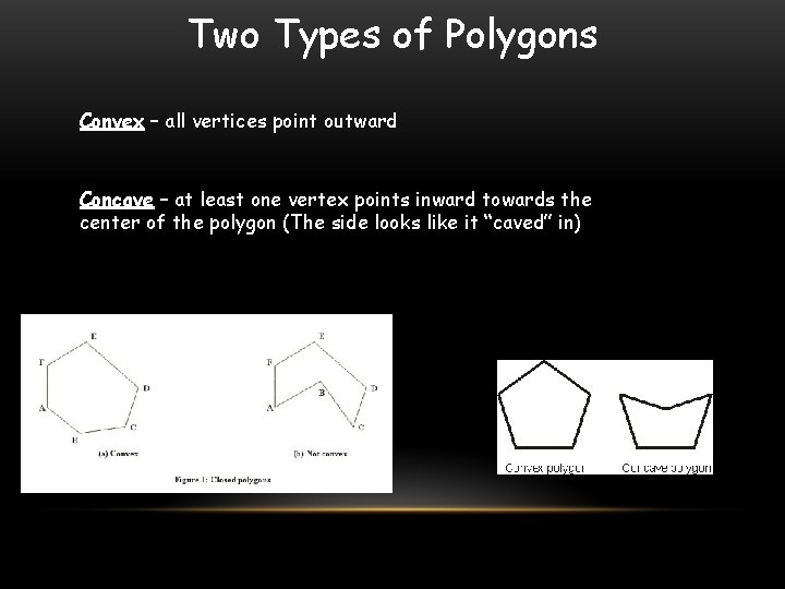 Two Types of Polygons Convex – all vertices point outward Concave – at least