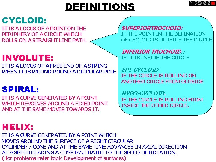 DEFINITIONS CYCLOID: IT IS A LOCUS OF A POINT ON THE PERIPHERY OF A