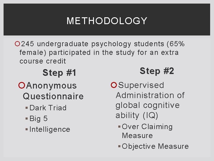 METHODOLOGY 245 undergraduate psychology students (65% female) participated in the study for an extra