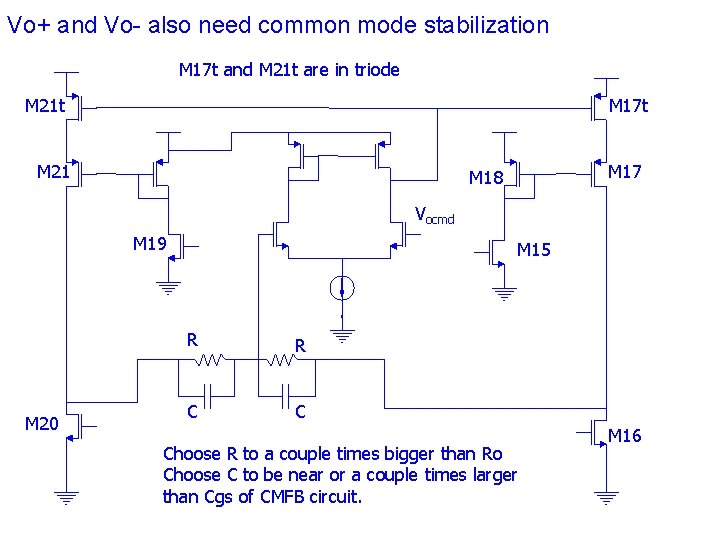 Vo+ and Vo- also need common mode stabilization M 17 t and M 21 Vo+ and Vo- also need common mode stabilization M 17 t and M 21