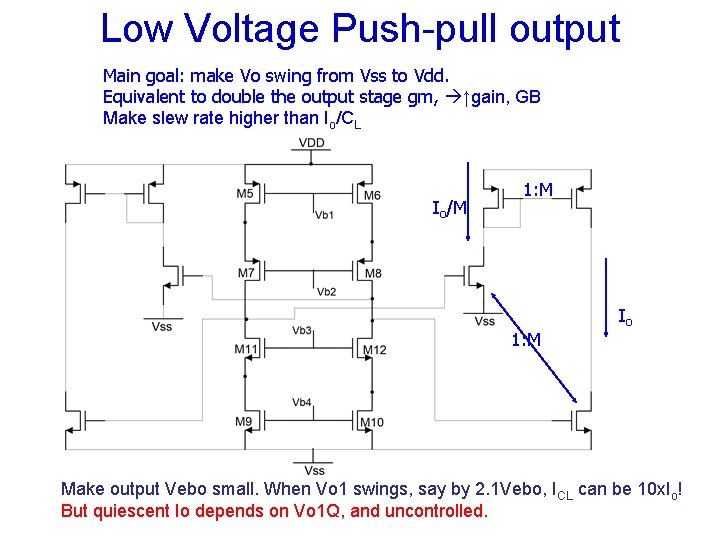 Low Voltage Push-pull output Main goal: make Vo swing from Vss to Vdd. Equivalent Low Voltage Push-pull output Main goal: make Vo swing from Vss to Vdd. Equivalent