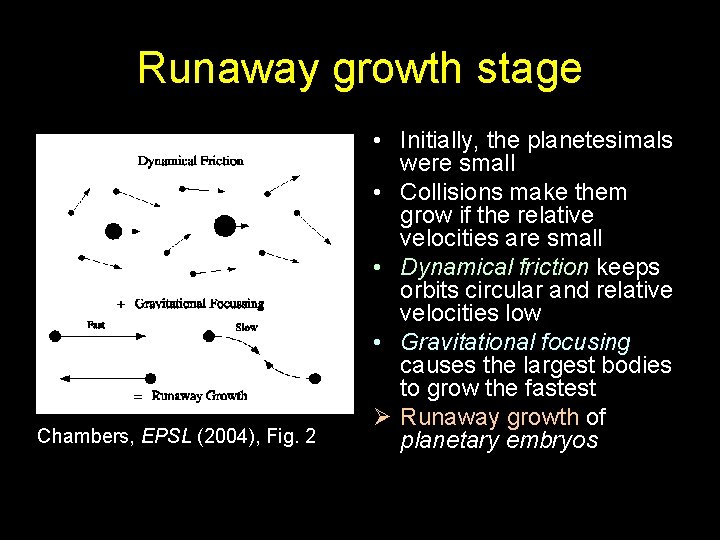 Runaway growth stage Chambers, EPSL (2004), Fig. 2 • Initially, the planetesimals were small