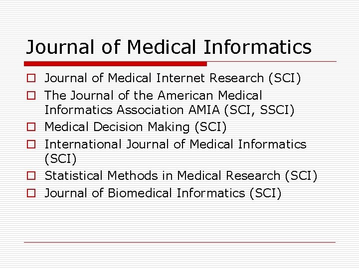 Journal of Medical Informatics o Journal of Medical Internet Research (SCI) o The Journal