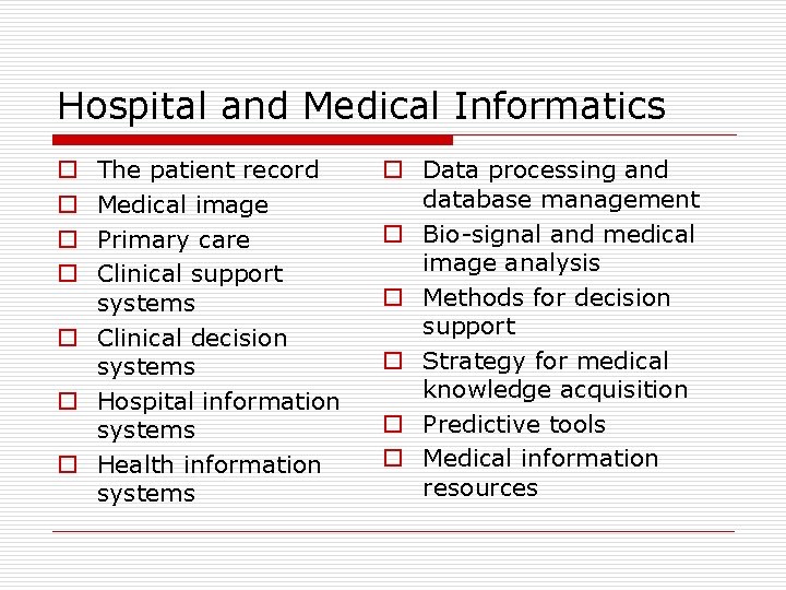 Hospital and Medical Informatics The patient record Medical image Primary care Clinical support systems