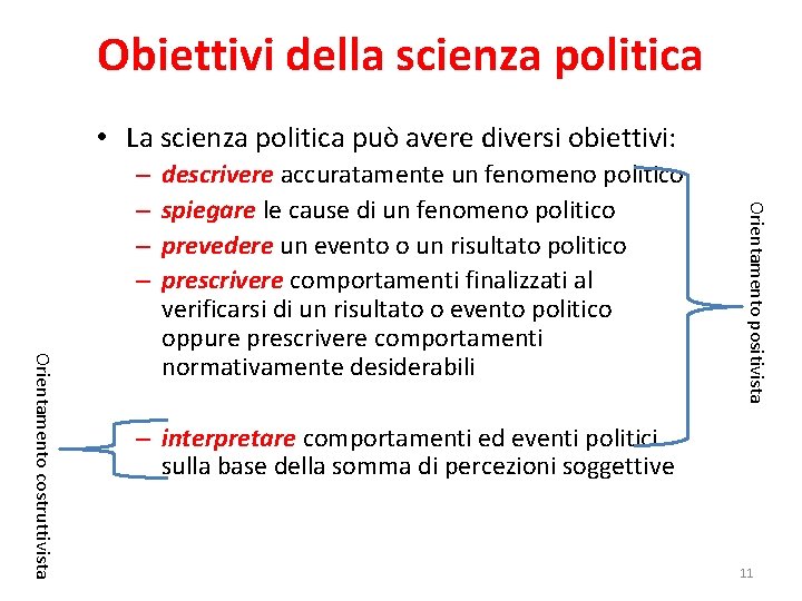 Obiettivi della scienza politica • La scienza politica può avere diversi obiettivi: Orientamento costruttivista