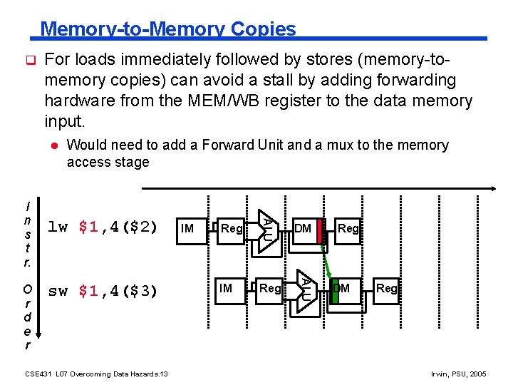 Memory-to-Memory Copies q For loads immediately followed by stores (memory-tomemory copies) can avoid a