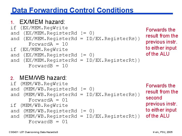 Data Forwarding Control Conditions 1. EX/MEM hazard: if (EX/MEM. Reg. Write and (EX/MEM. Register.