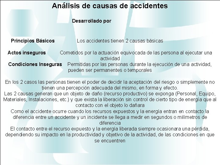 Análisis de causas de accidentes Desarrollado por Principios Básicos Desarrollado por Los accidentes tienen