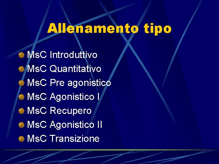 Allenamento tipo Ms. C Introduttivo Ms. C Quantitativo Ms. C Pre agonistico Ms. C