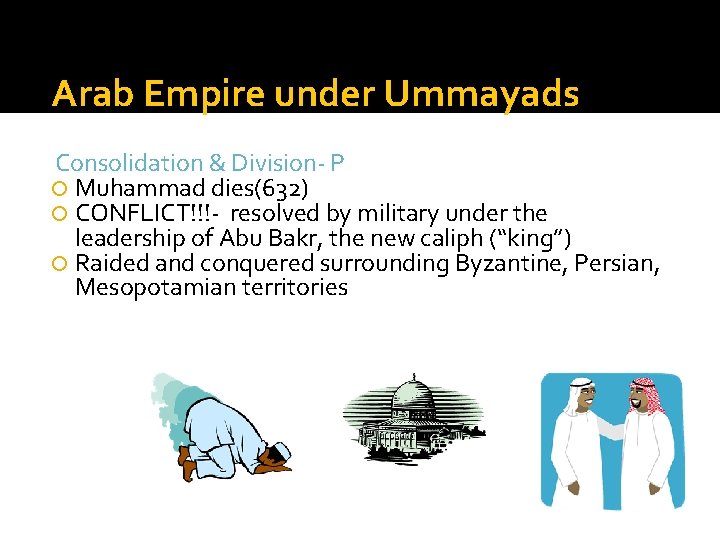 Arab Empire under Ummayads Consolidation & Division- P Muhammad dies(632) CONFLICT!!!- resolved by military