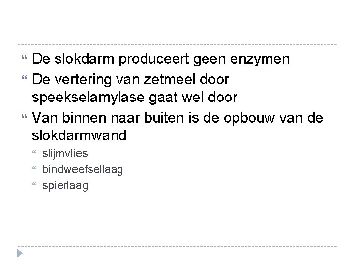 De slokdarm produceert geen enzymen De vertering van zetmeel door speekselamylase gaat wel De slokdarm produceert geen enzymen De vertering van zetmeel door speekselamylase gaat wel