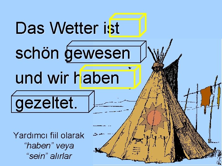 Das Wetter ist schön gewesen und wir haben gezeltet. Yardımcı fiil olarak “haben” veya