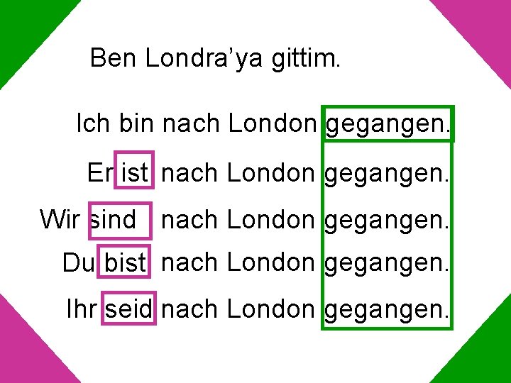 Ben Londra’ya gittim. Ich bin nach London gegangen. Er ist nach London gegangen. Wir