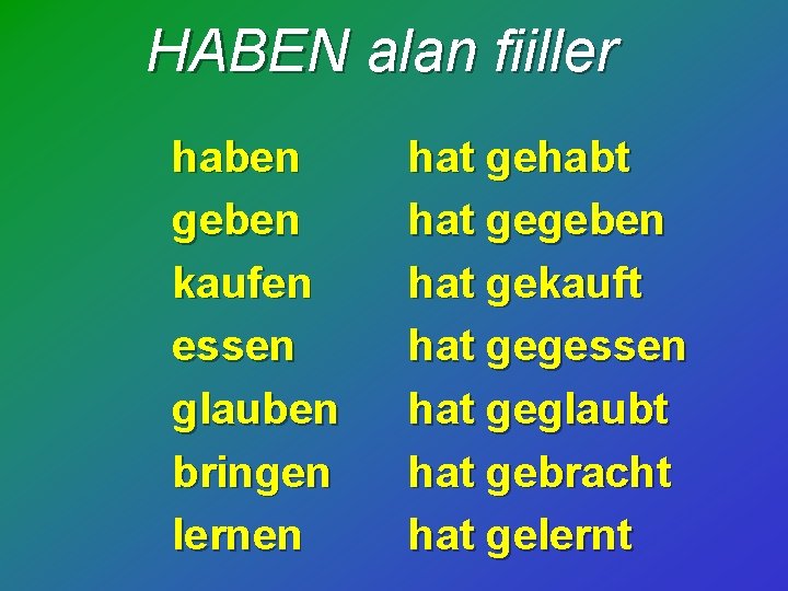 HABEN alan fiiller haben geben kaufen essen glauben bringen lernen hat gehabt hat gegeben